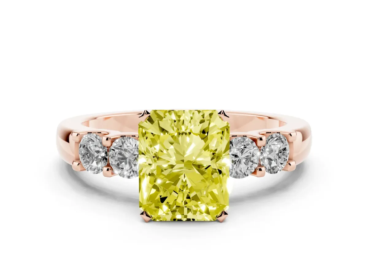 Fancy Yellow Radiant Cut Brilliant Cut Diamond Five-Stone Prong Set Engagement Ring with Channel Band Rose gold
