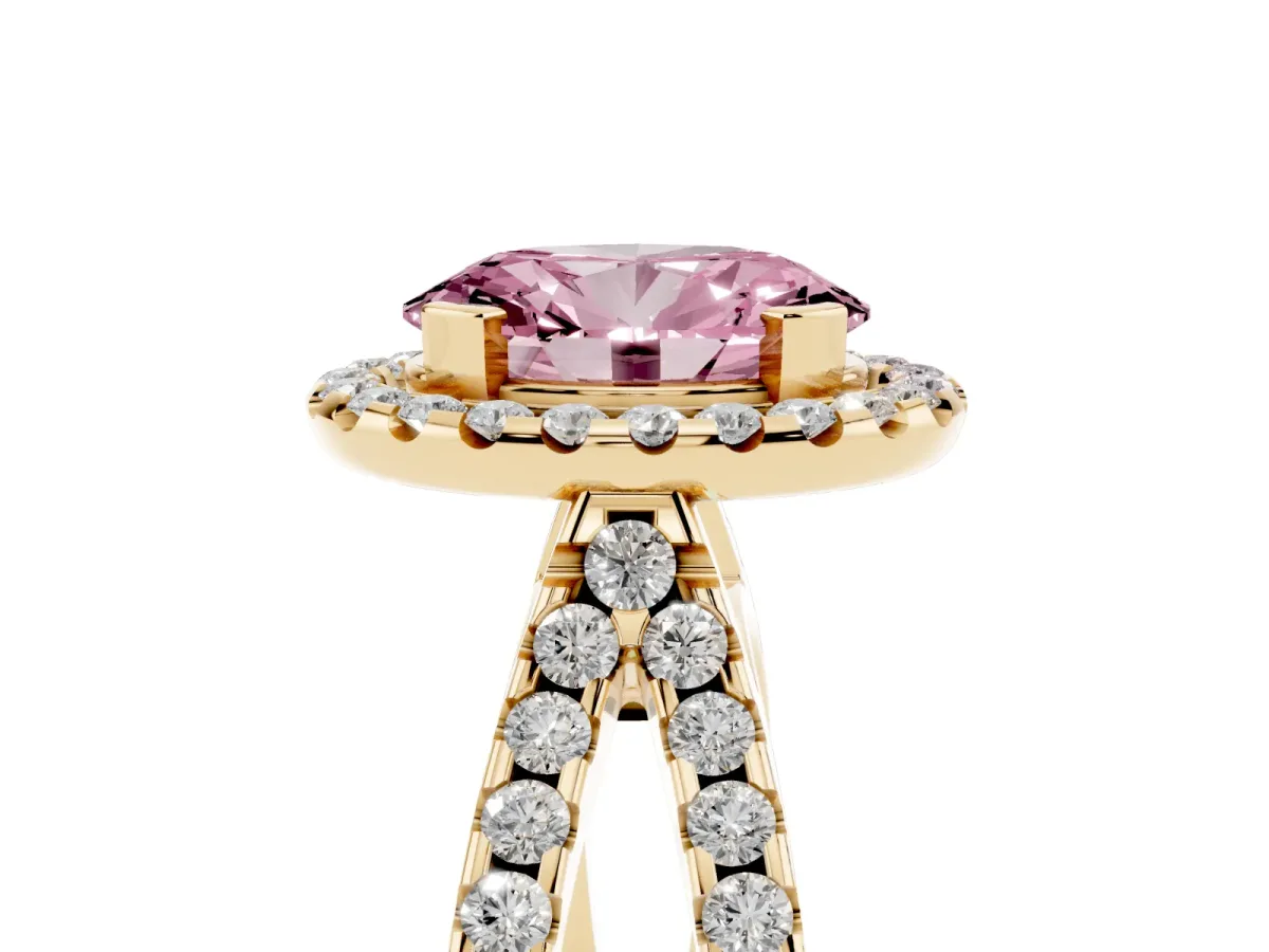 Fancy Pink Oval Cut Diamond Halo Ring with Split Shank Pavé Band and Prong Setting Yellow gold