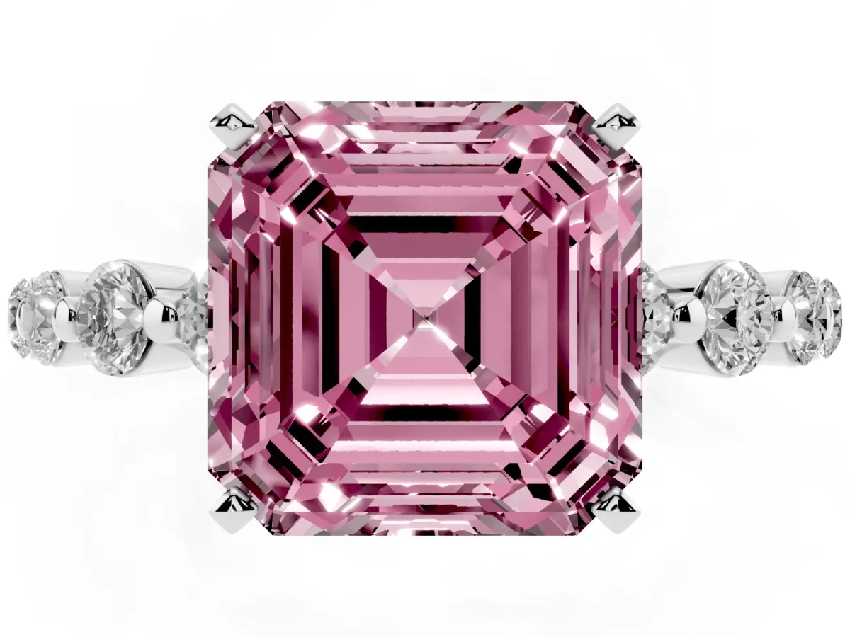 Fancy Pink Asscher Cut Solitaire Diamond Ring with Pave Band and Four-Prong Setting Silver