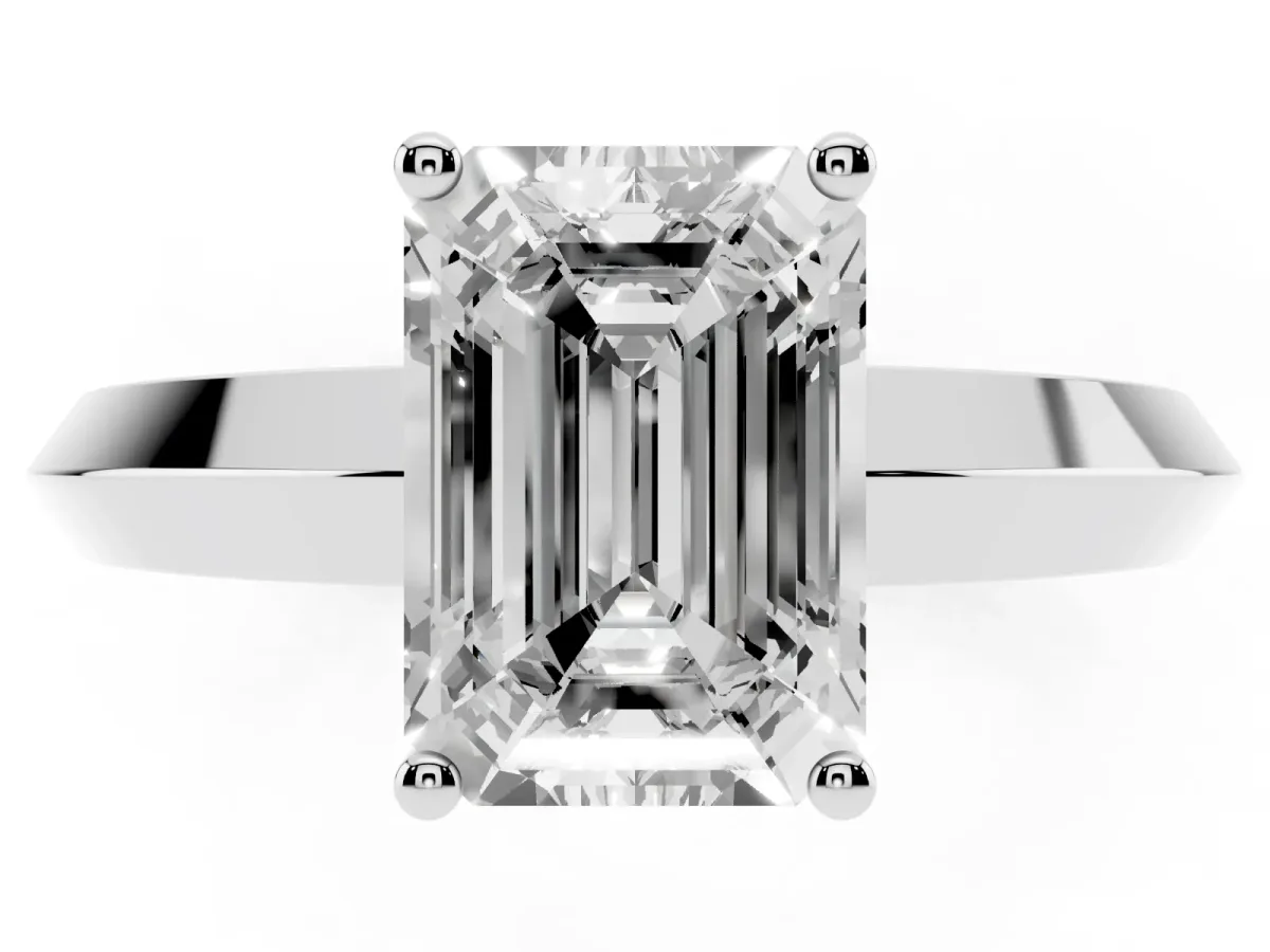 Emerald Cut Cut Solitaire Engagement Ring with Flat Band and Four-Prong Setting Platinum