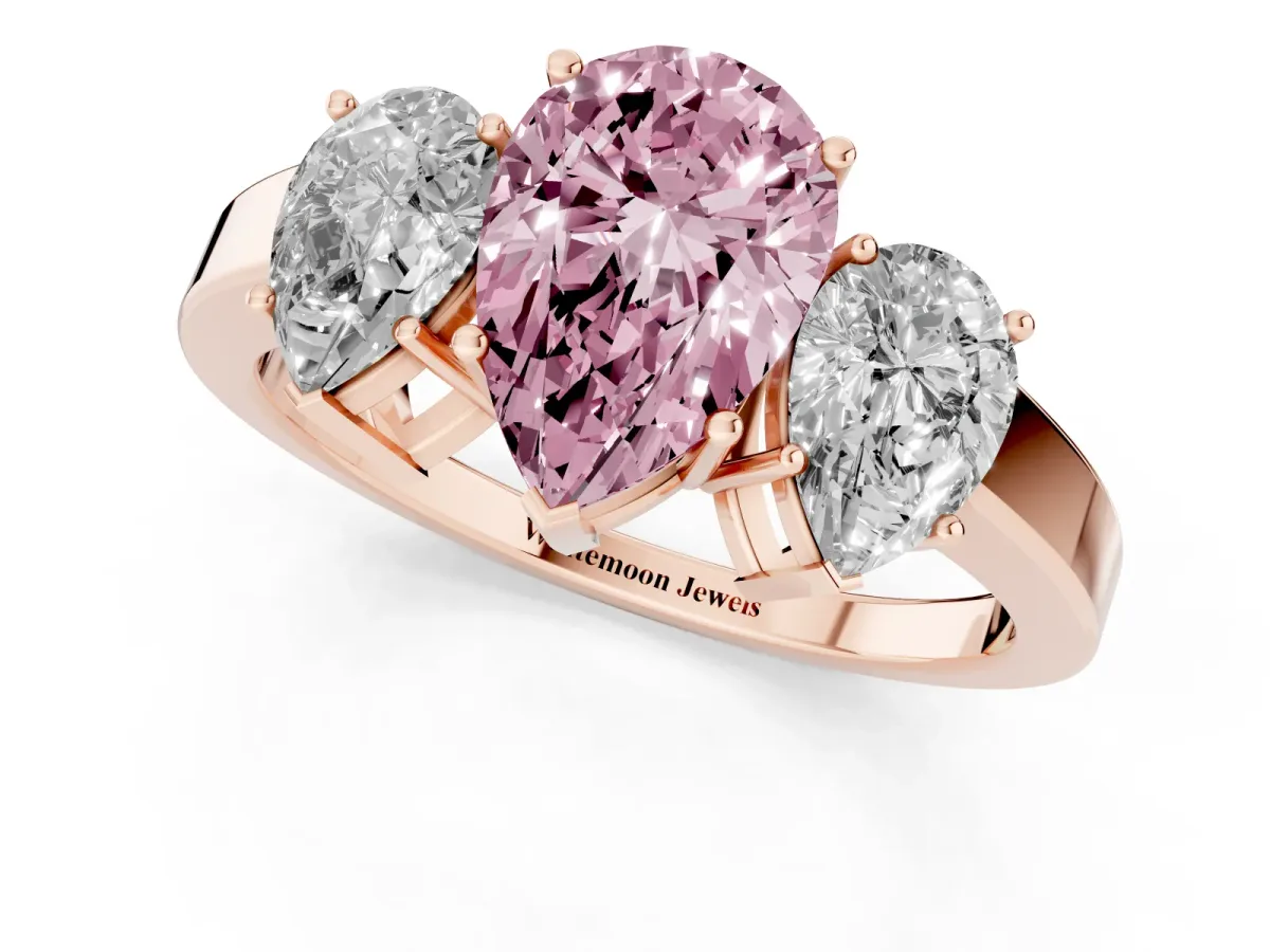 Fancy Pink Three-Stone Pear Cut Cut Diamond Engagement Ring with Flat Band and Four-Prong Setting Rose gold