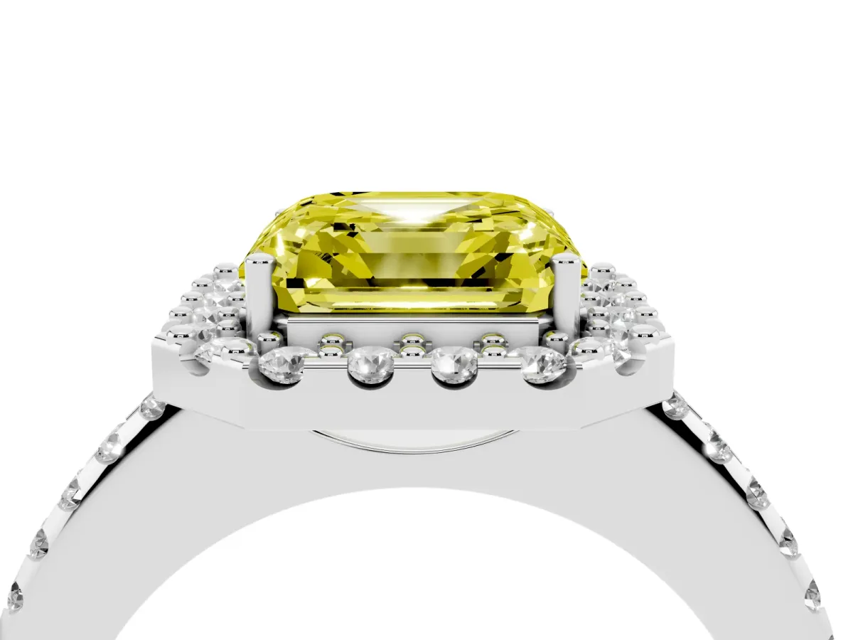 Fancy Yellow Asscher Cut Diamond Pavé Halo Ring with Four-Prong Setting Silver