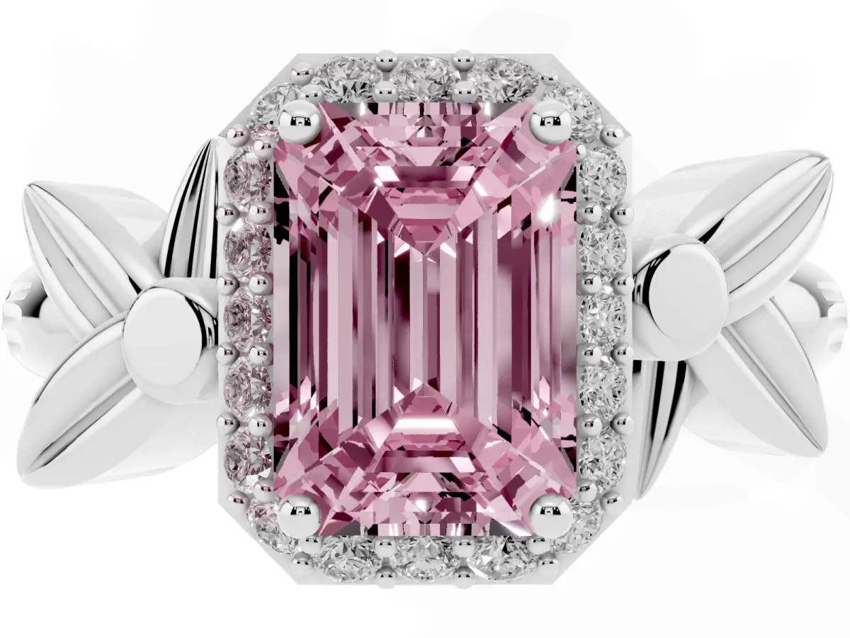Fancy Pink Emerald Cut Halo Diamond Floral Band with Four-Prong Setting Platinum