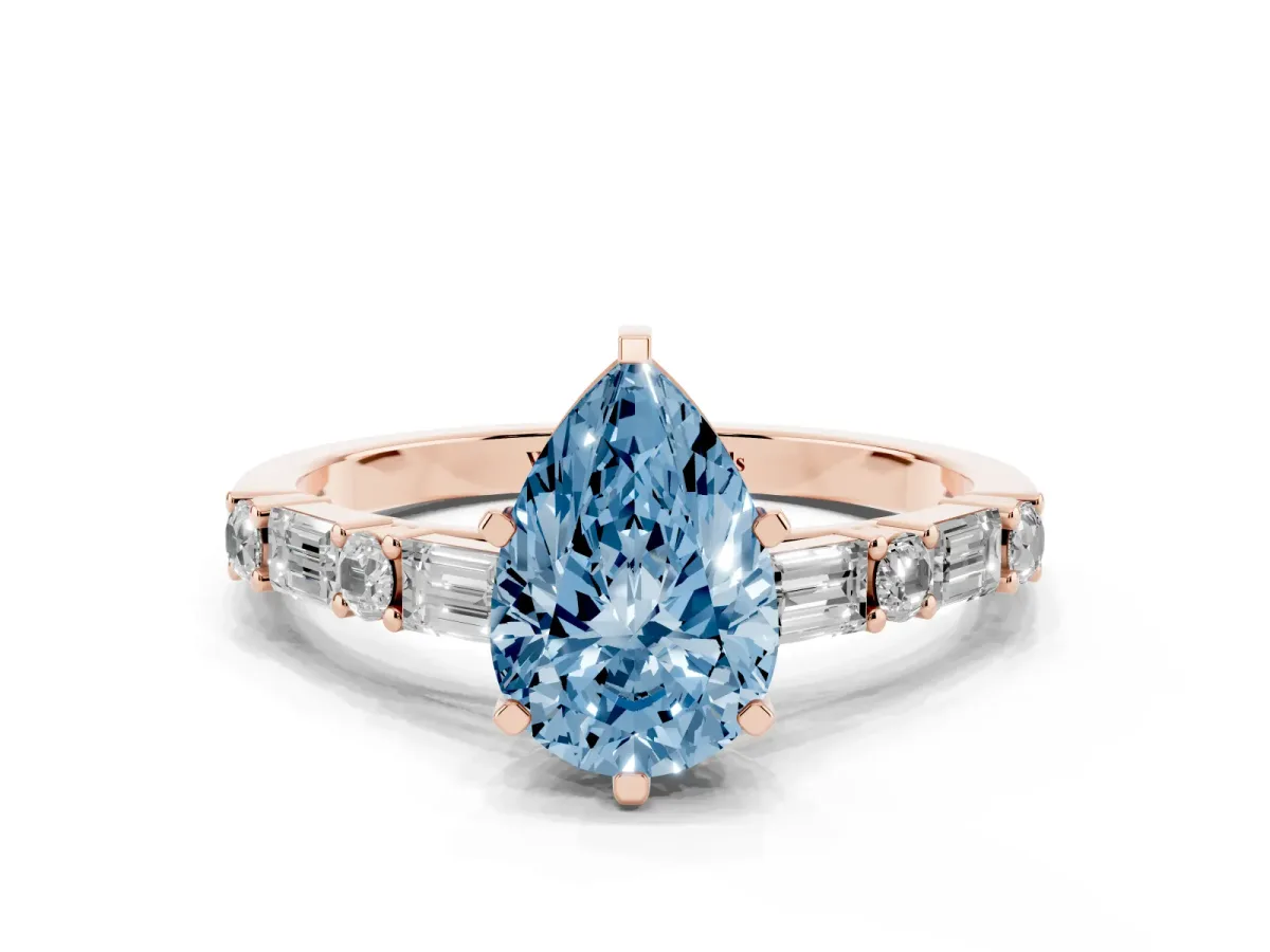 Fancy Blue Pear Cut Diamond Solitaire with Side Baguettes and Channel Set Band Rose gold