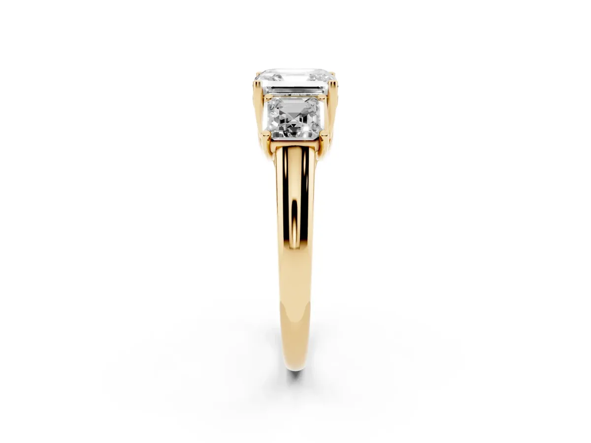 Three-Stone Asscher Cut Diamond Engagement Ring with Prong Setting Yellow gold