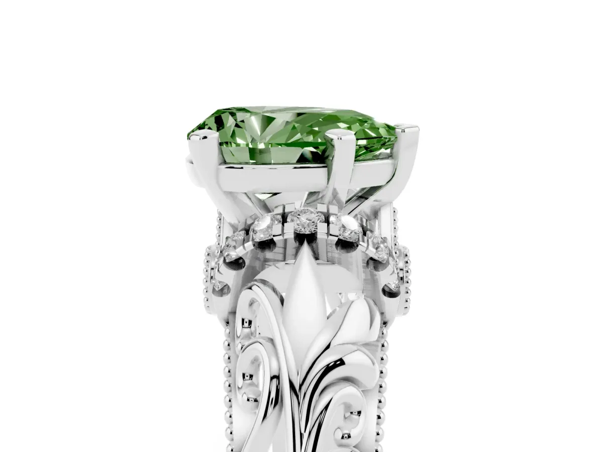 Fancy Green Pear Cut Solitaire Filigree Engagement Ring with Halo and Prong Setting Silver