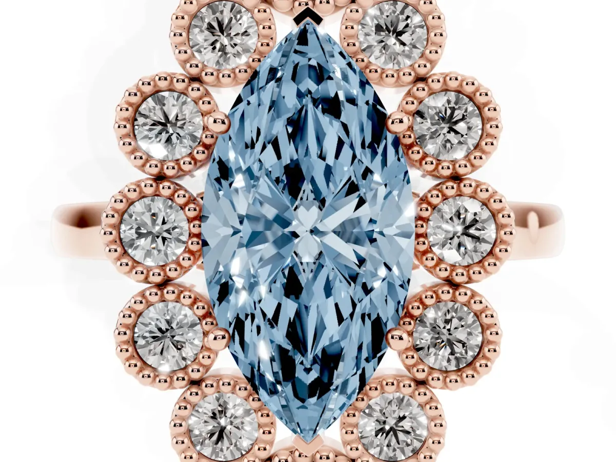 Fancy Blue Marquise Cut Halo Diamond Cluster Engagement Ring with Milgrain Bezel Setting and Solitaire Band Rose gold