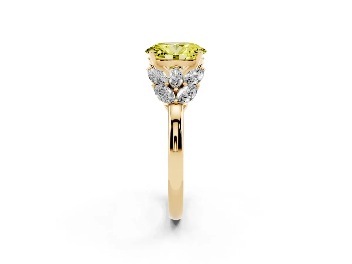 Fancy Yellow Oval Cut Diamond Cluster Leaf Design Ring with Prong Setting Yellow gold
