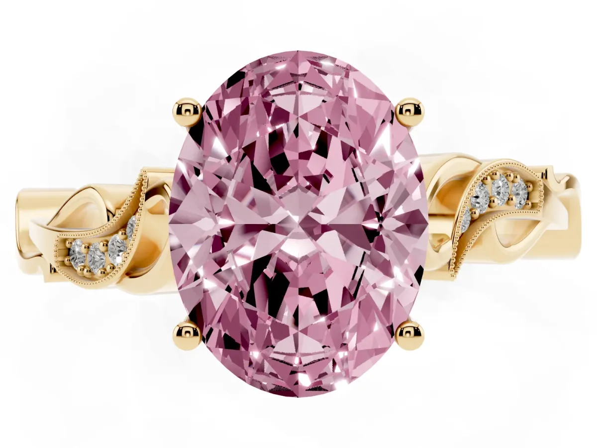 Fancy Pink Oval Cut Solitaire Vine Band with Milgrain Prong Setting Yellow gold
