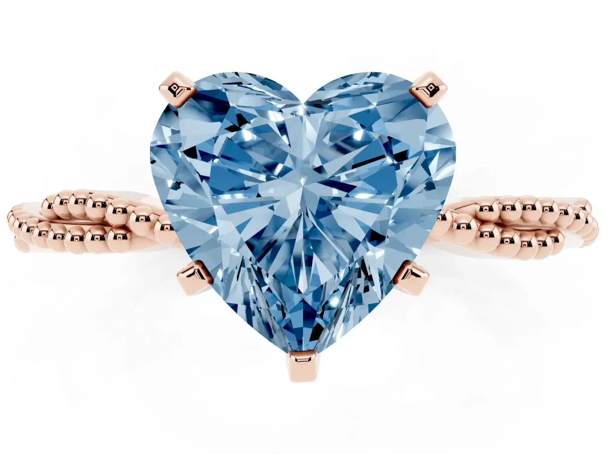 Fancy Blue Heart Cut Solitaire Twisted Band with Bead Prong Setting Rose gold