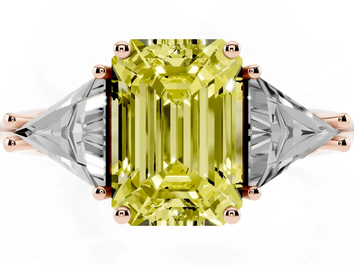 Fancy Yellow Three-Stone Emerald Cut Diamond Engagement Ring with Trillion Side Stones and Prong Setting Rose gold