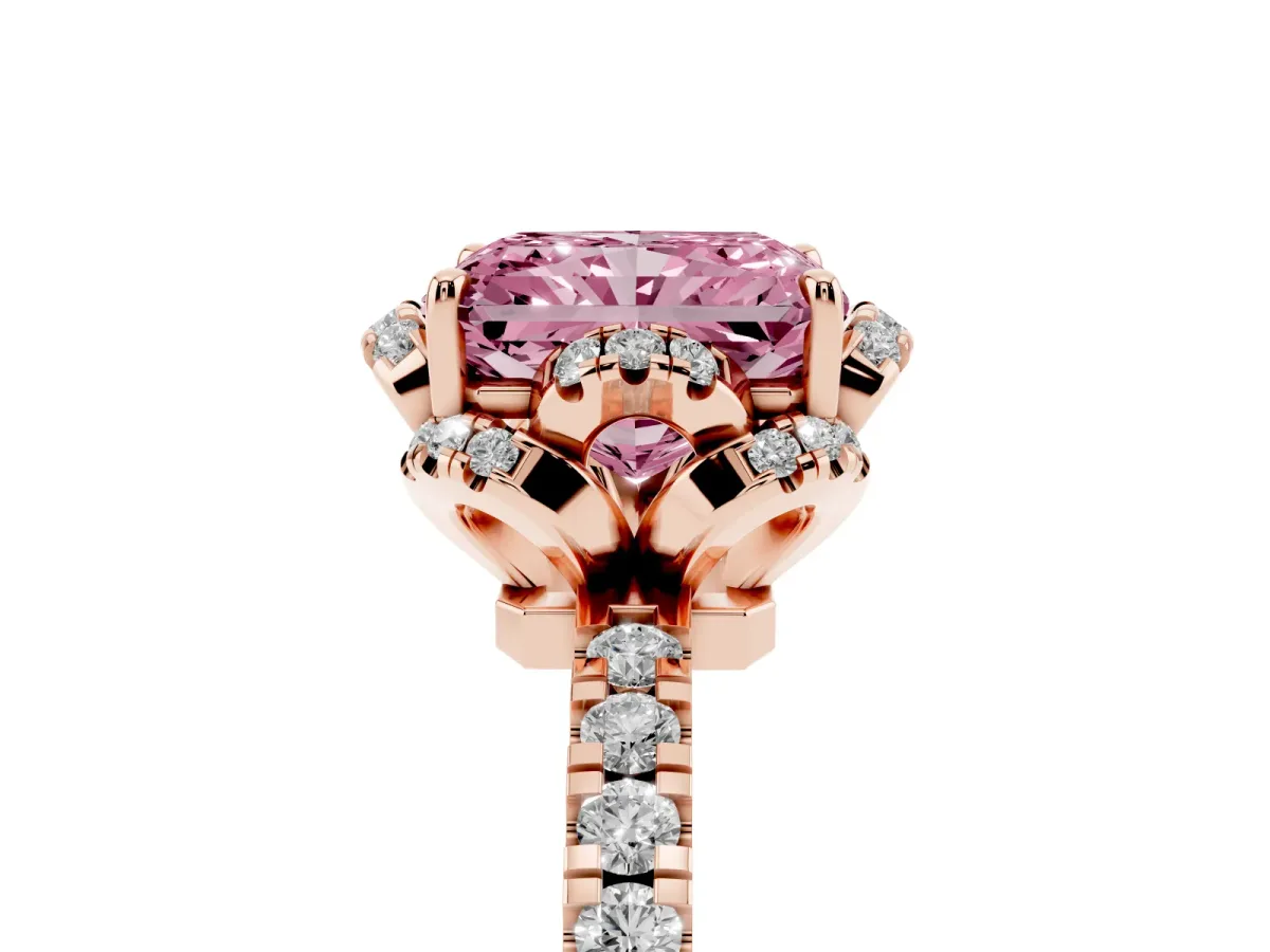 Fancy Pink Radiant Cut Halo Diamond Pave Band Ring with Four-Prong Setting Rose gold
