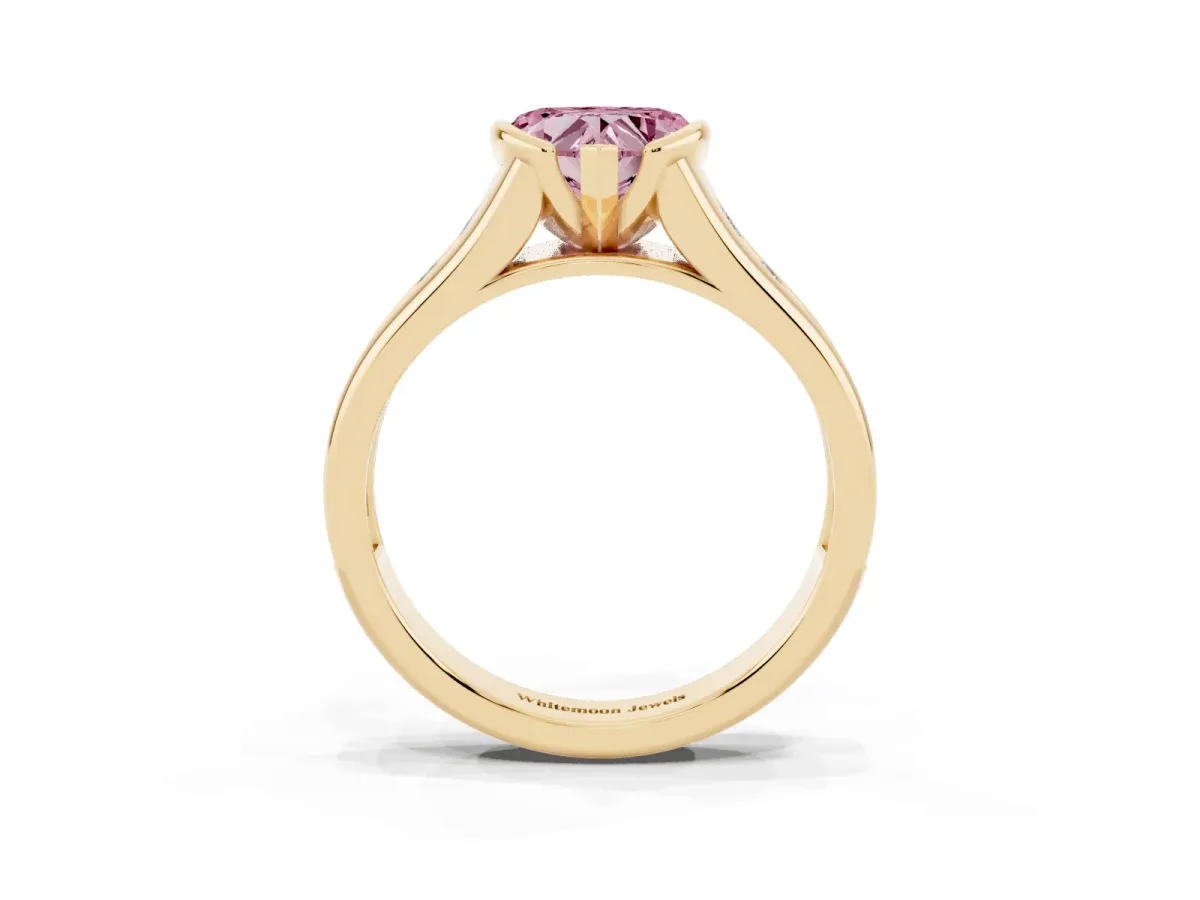 Fancy Pink Heart Cut Solitaire Bezel-Set Diamond Ring with Channel-Set Band Yellow gold