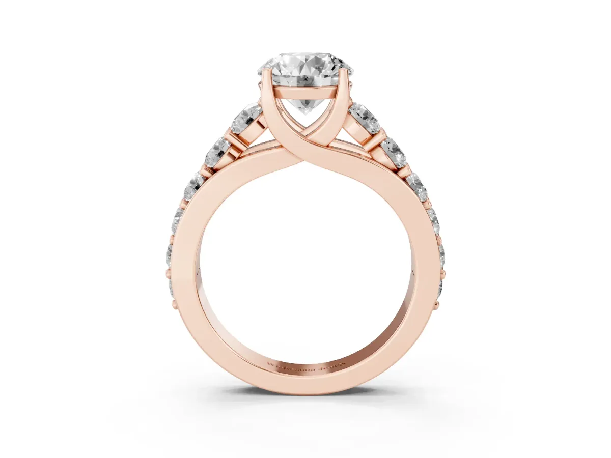 Round Cut Diamond Engagement Ring with Pavé Band and Four-Prong Setting Rose gold