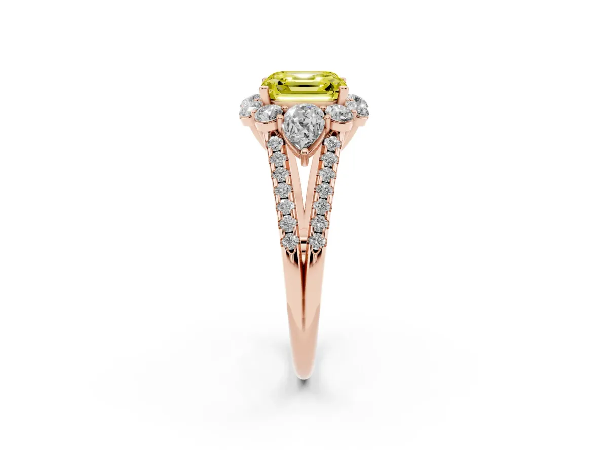 Fancy Yellow Asscher Cut Halo Split Shank Diamond Engagement Ring with Prong Setting Rose gold