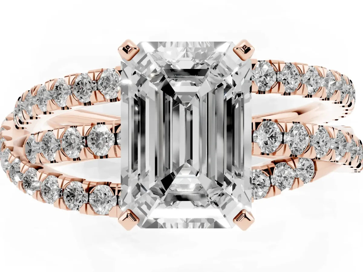 Emerald Cut Solitaire Twist Band with Pavé Setting and Four-Prong Setting Rose gold