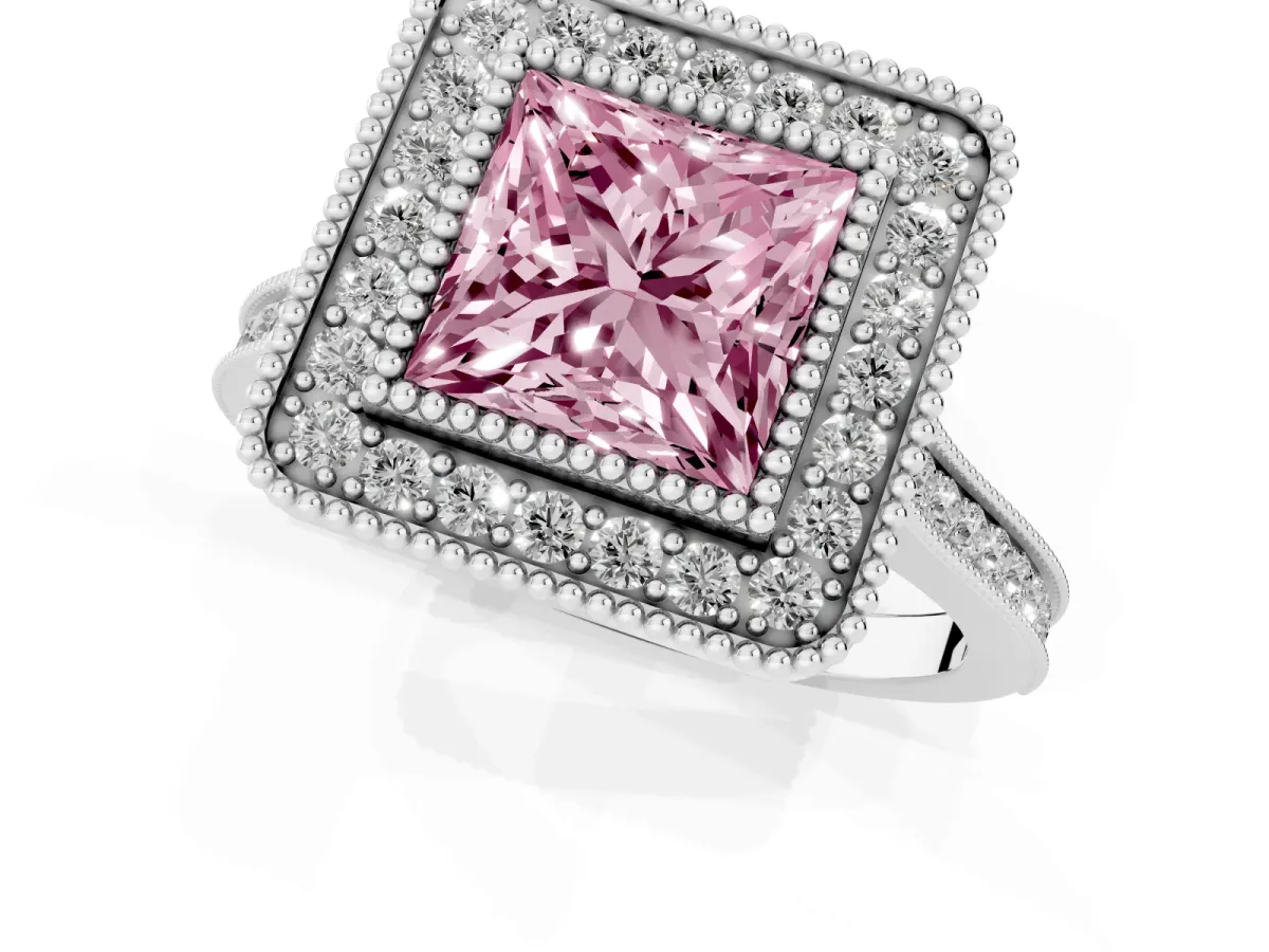 Fancy Pink Princess Cut Diamond Halo Ring with Milgrain Frame and Pavé Band Silver
