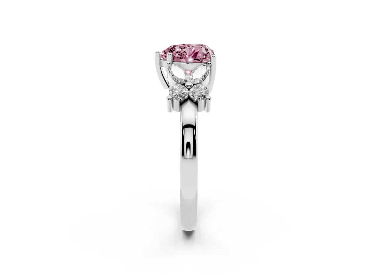 Fancy Pink Heart Cut Diamond Floral Cluster Ring with Solitaire Band and Prong Setting Platinum