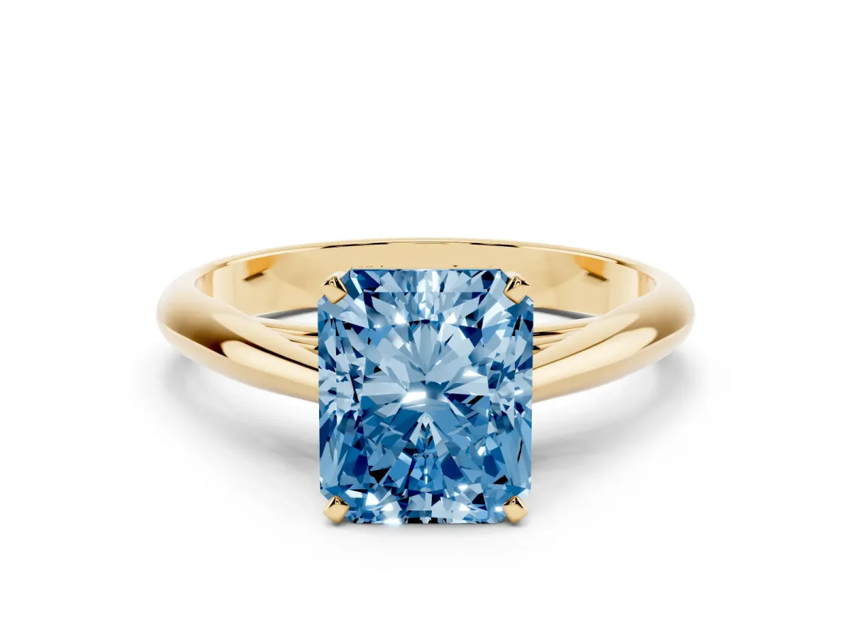 Fancy Blue Radiant Cut Diamond Solitaire Engagement Ring with Cathedral Setting and Four-Prong Mount Yellow gold