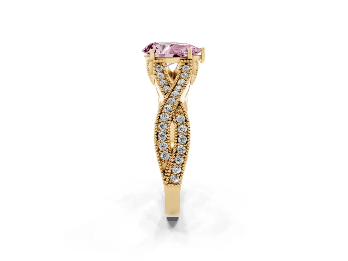 Fancy Pink Pear Cut Cut Diamond Twisted Band with Milgrain Pave Setting and Four-Prong Setting Yellow gold