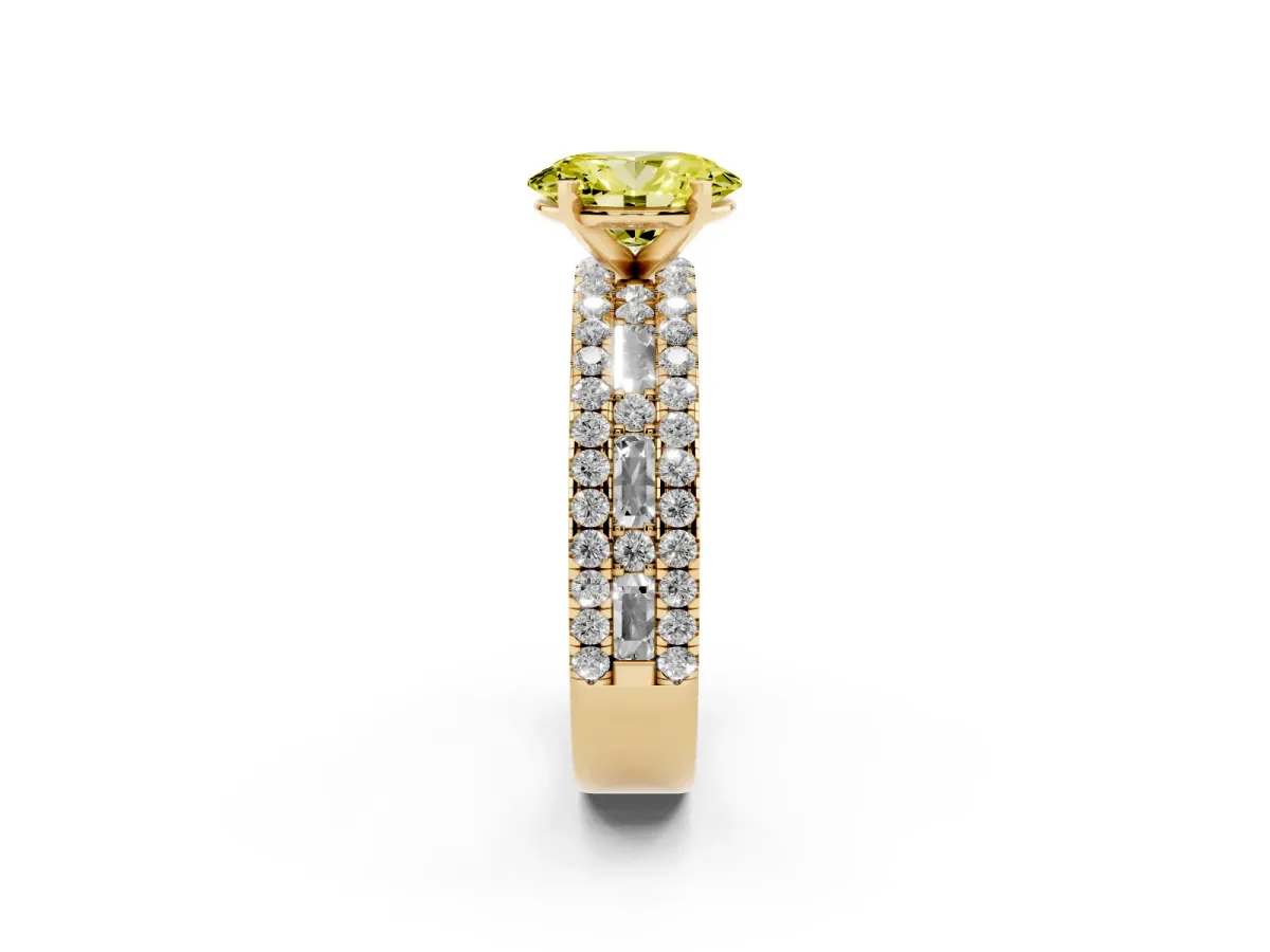 Fancy Yellow Oval Cut Diamond Solitaire Ring with Pavé and Channel Set Band Yellow gold