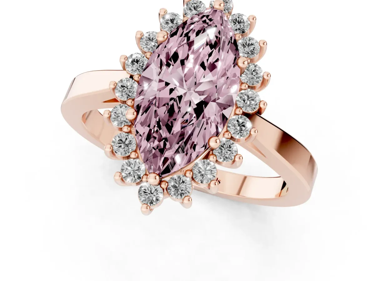 Fancy Pink Marquise Cut Cut Diamond Halo Ring with Round Brilliant Halo and Solitaire Band Rose gold