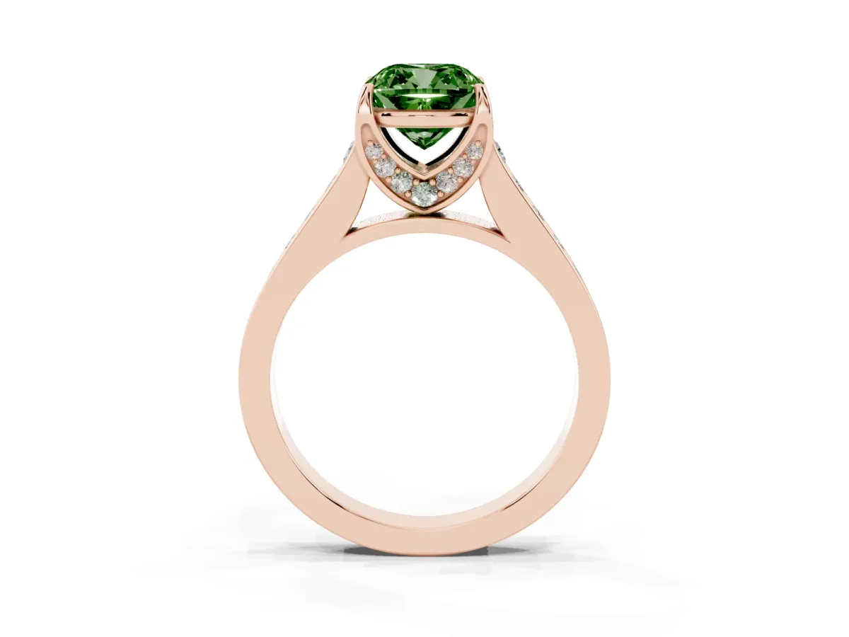 Fancy Green Cushion Cut Brilliant Cut Diamond Engagement Ring with Pavé Band and Four-Prong Setting Rose gold