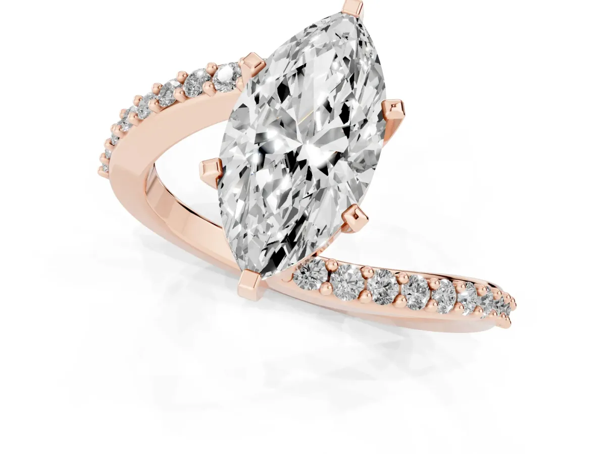 Marquise Cut Solitaire Twist Band with Pave Set Diamonds and Four-Prong Setting Rose gold