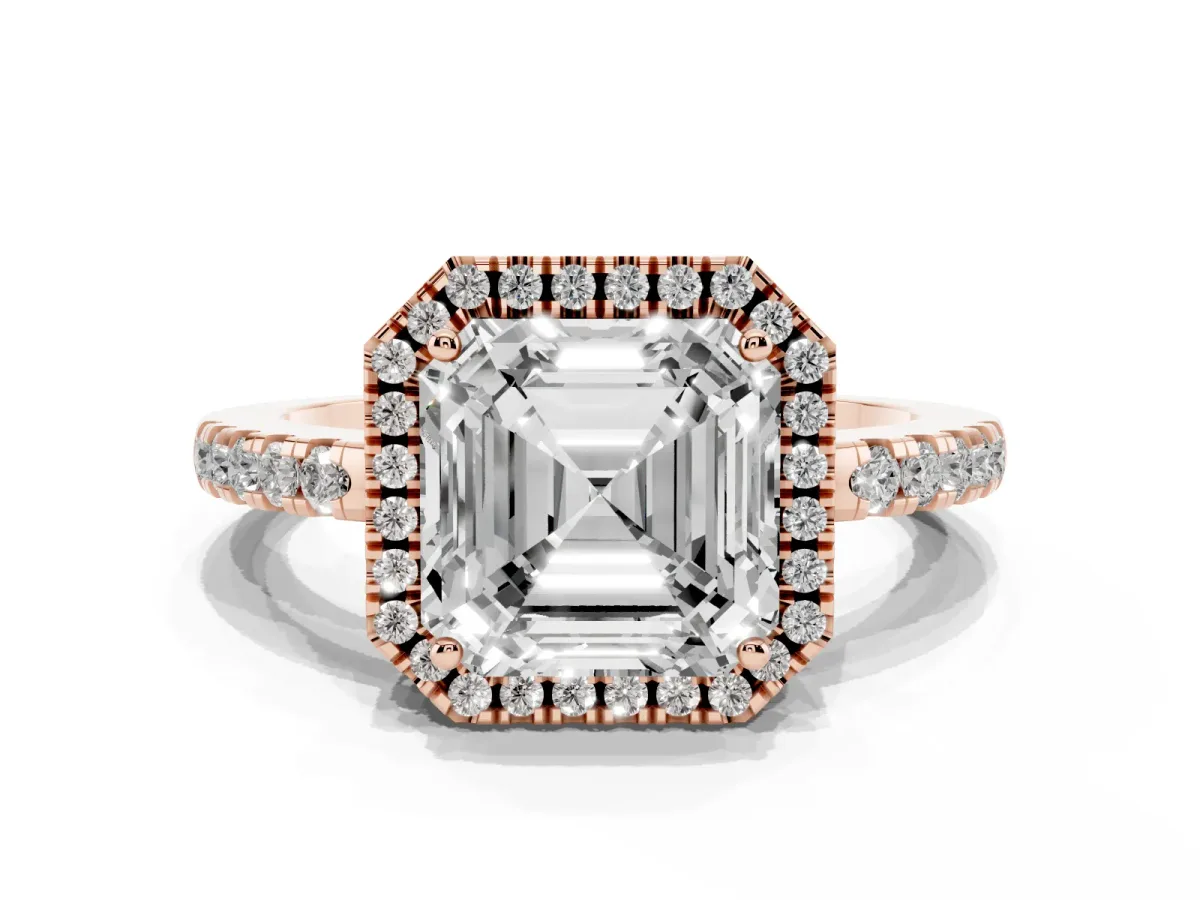 Asscher Cut Halo Diamond Engagement Ring with Pavé Band and Four-Prong Setting Rose gold