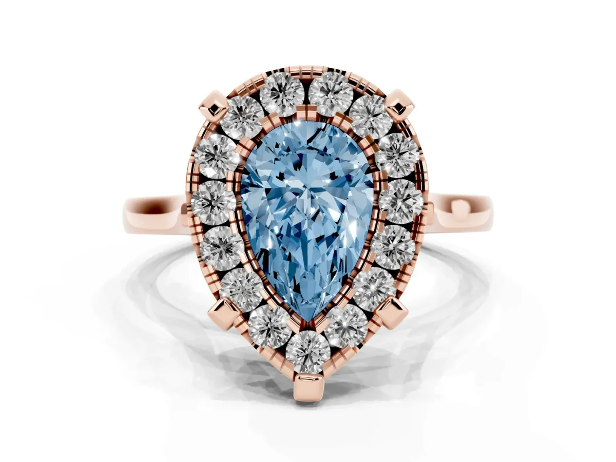 Fancy Blue Pear Cut Diamond Cluster Halo Solitaire with Four-Prong Setting Rose gold