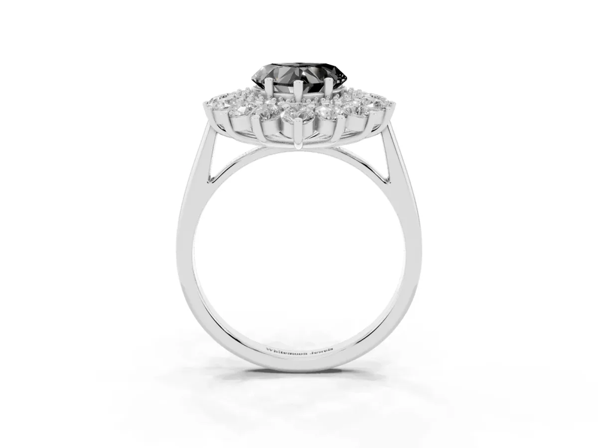 Fancy Black Heart Cut Diamond Floral Double Halo Engagement Ring with Prong Setting Silver