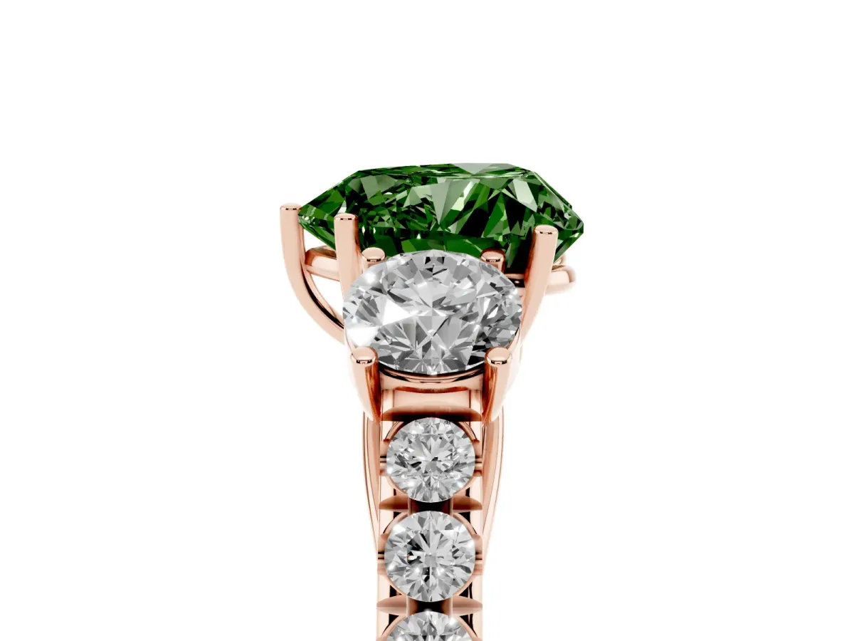 Fancy Green Heart Cut Cut Diamond Three-Stone Ring with Round Side Stones and Pavé Band Rose gold