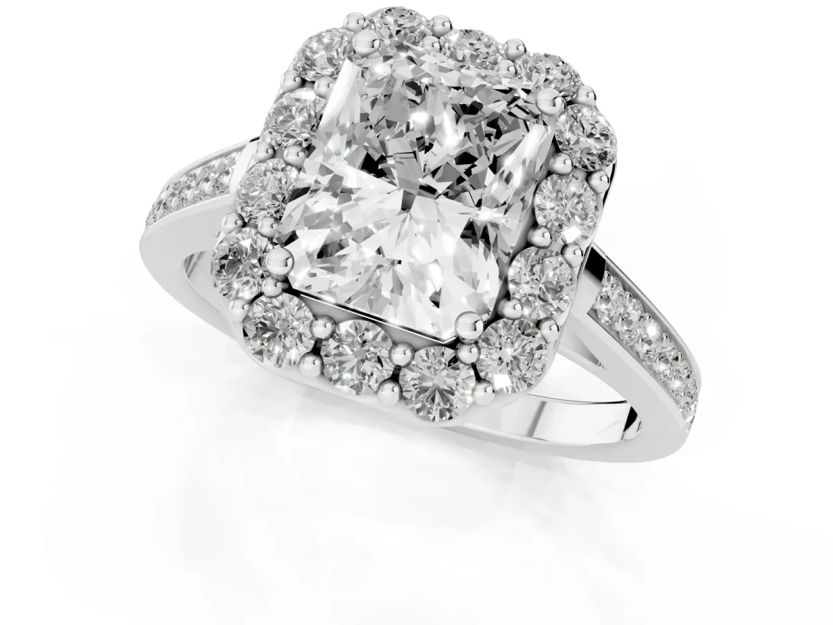 Radiant Cut Diamond Floral Halo Ring with Pavé Band and Prong Setting Silver