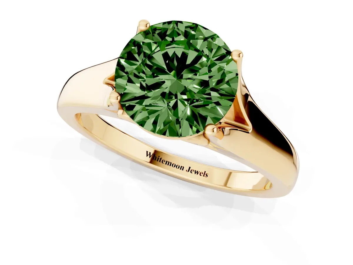 Fancy Green Round Cut Solitaire Diamond Ring with Cathedral Band and Four-Prong Setting Yellow gold