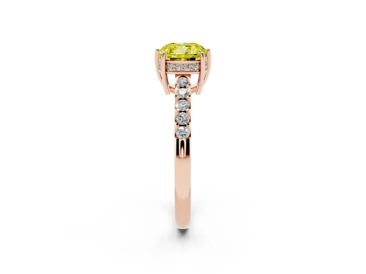 Fancy Yellow Cushion Cut Solitaire Diamond Engagement Ring with Pavé Band and Six-Prong Setting Rose gold