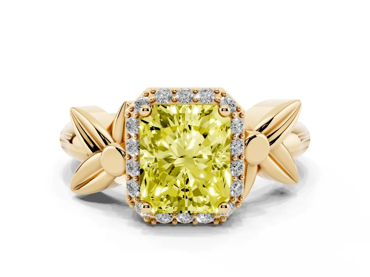 Fancy Yellow Radiant Cut Halo Diamond Floral Band with Four-Prong Setting Yellow gold