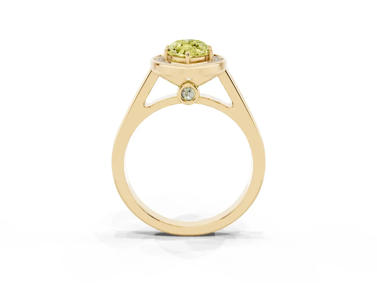 Fancy Yellow Marquise Cut Halo Solitaire Diamond Ring with Pave Band and Bezel Setting Yellow gold
