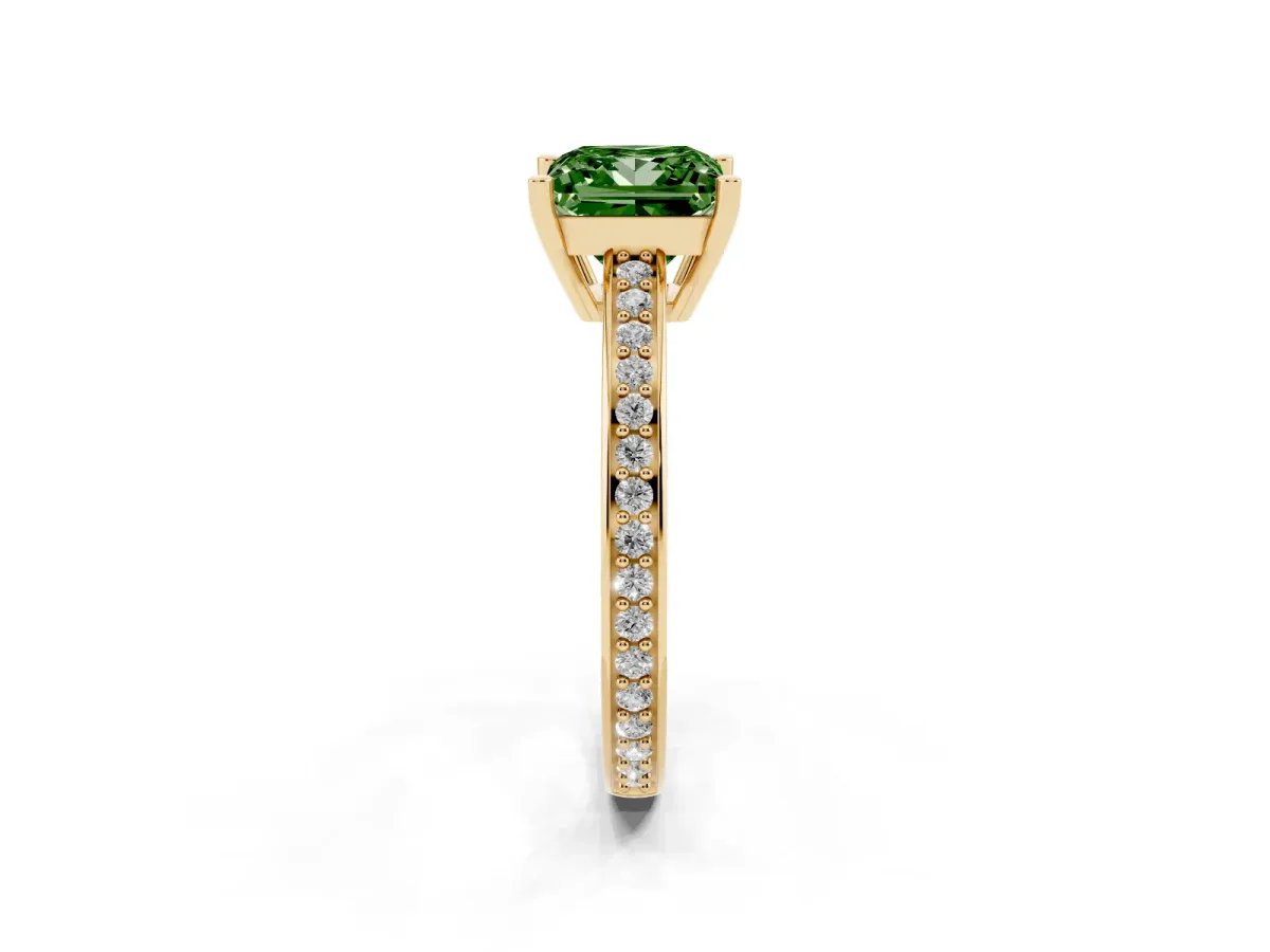 Fancy Green Princess Cut Solitaire Pavé Band Prong Setting Ring Yellow gold