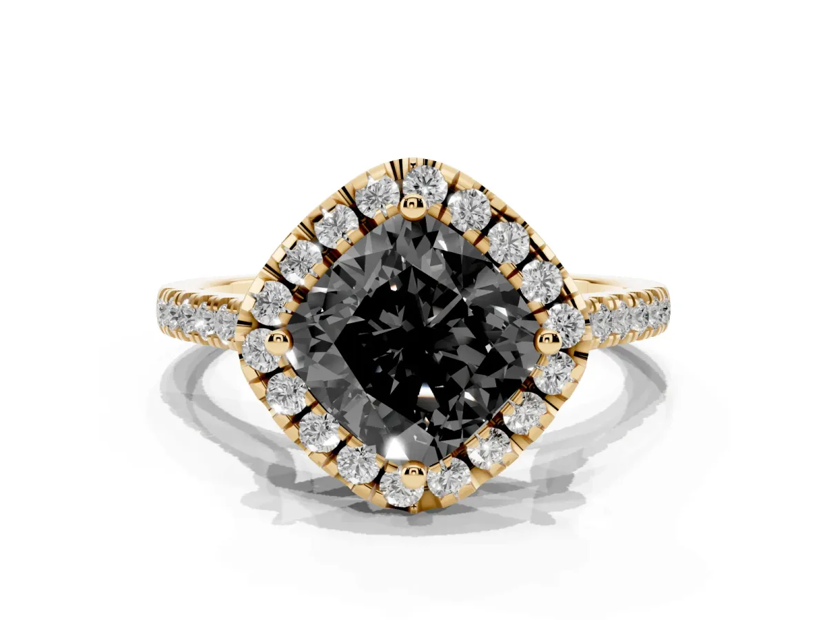 Fancy Black Cushion Cut Diamond Cushion Halo Ring with Pavé Band Yellow gold