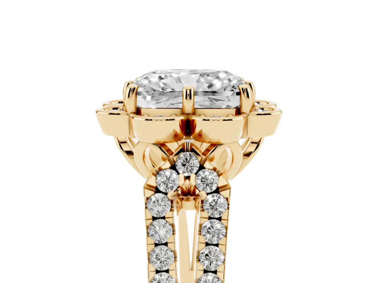 Radiant Cut Halo Diamond Floral Split Shank Engagement Ring Yellow gold