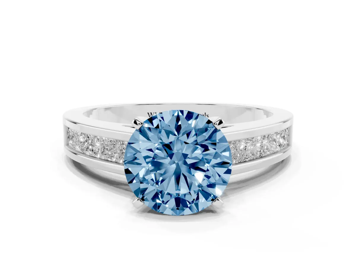 Fancy Blue Round Cut Solitaire Diamond Ring with Channel-Set Band and Four-Prong Setting Platinum