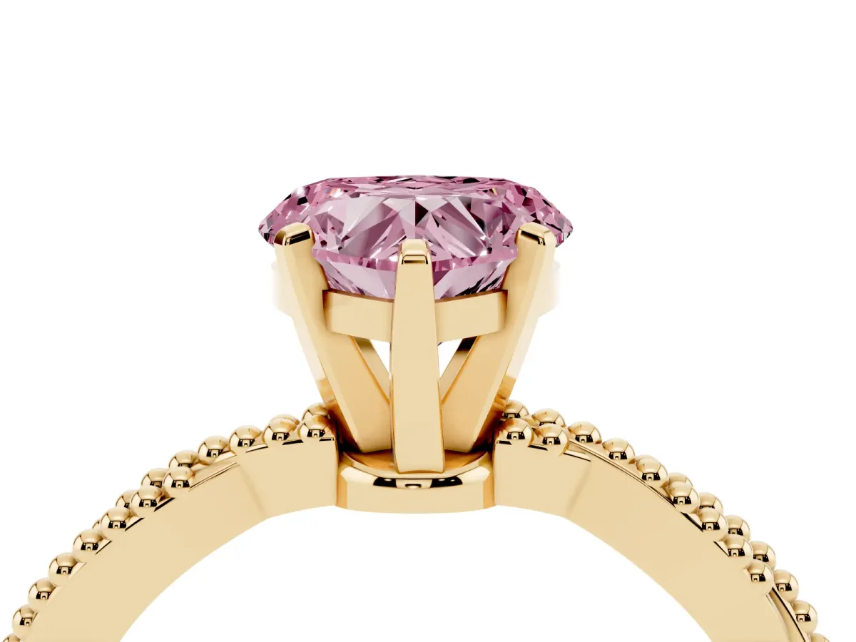 Fancy Pink Heart Cut Solitaire Twisted Band with Bead Prong Setting Yellow gold