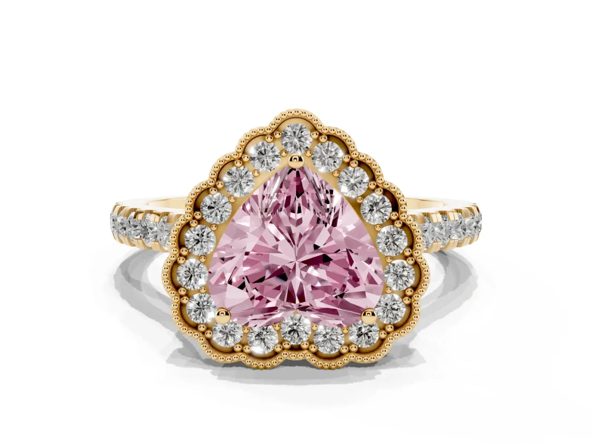 Fancy Pink Heart Cut Cut Diamond Milgrain Floral Halo Engagement Ring with Pavé Band Yellow gold