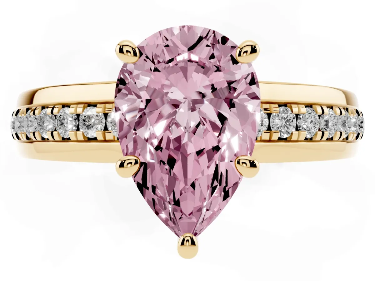 Fancy Pink Pear Cut Solitaire Diamond Ring with Channel Set Band and Six-Prong Setting Yellow gold
