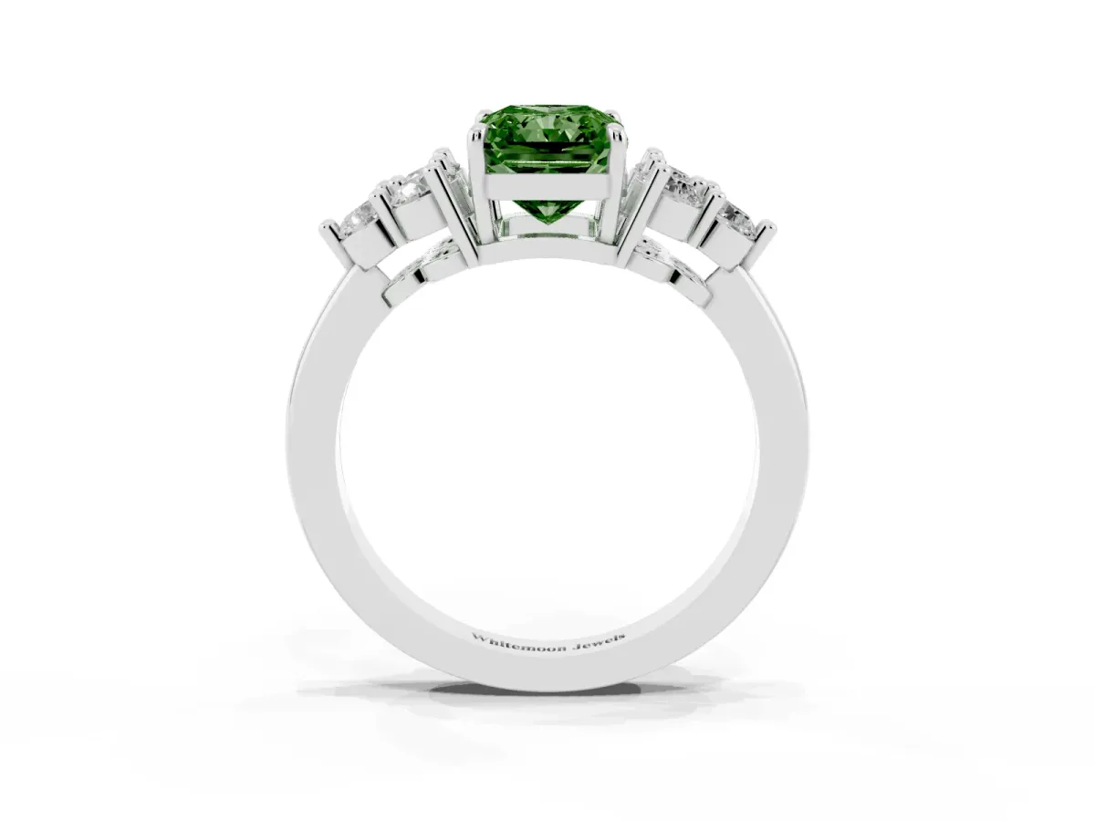Fancy Green Radiant Cut Brilliant Diamond Cluster Accent Solitaire Ring with Prong Setting Platinum