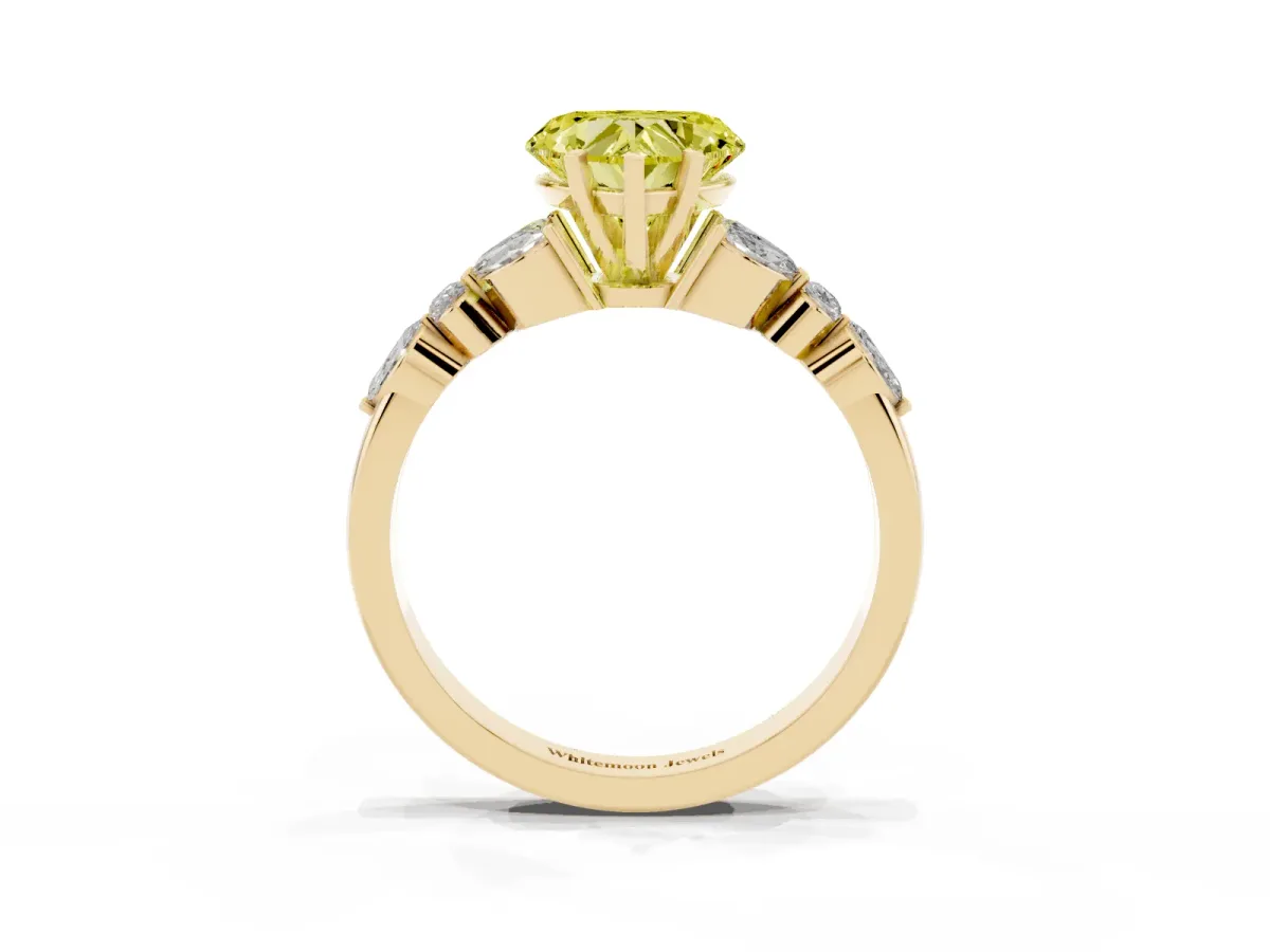 Fancy Yellow Heart Cut Diamond Solitaire Ring with Side Stones and Four-Prong Setting Yellow gold