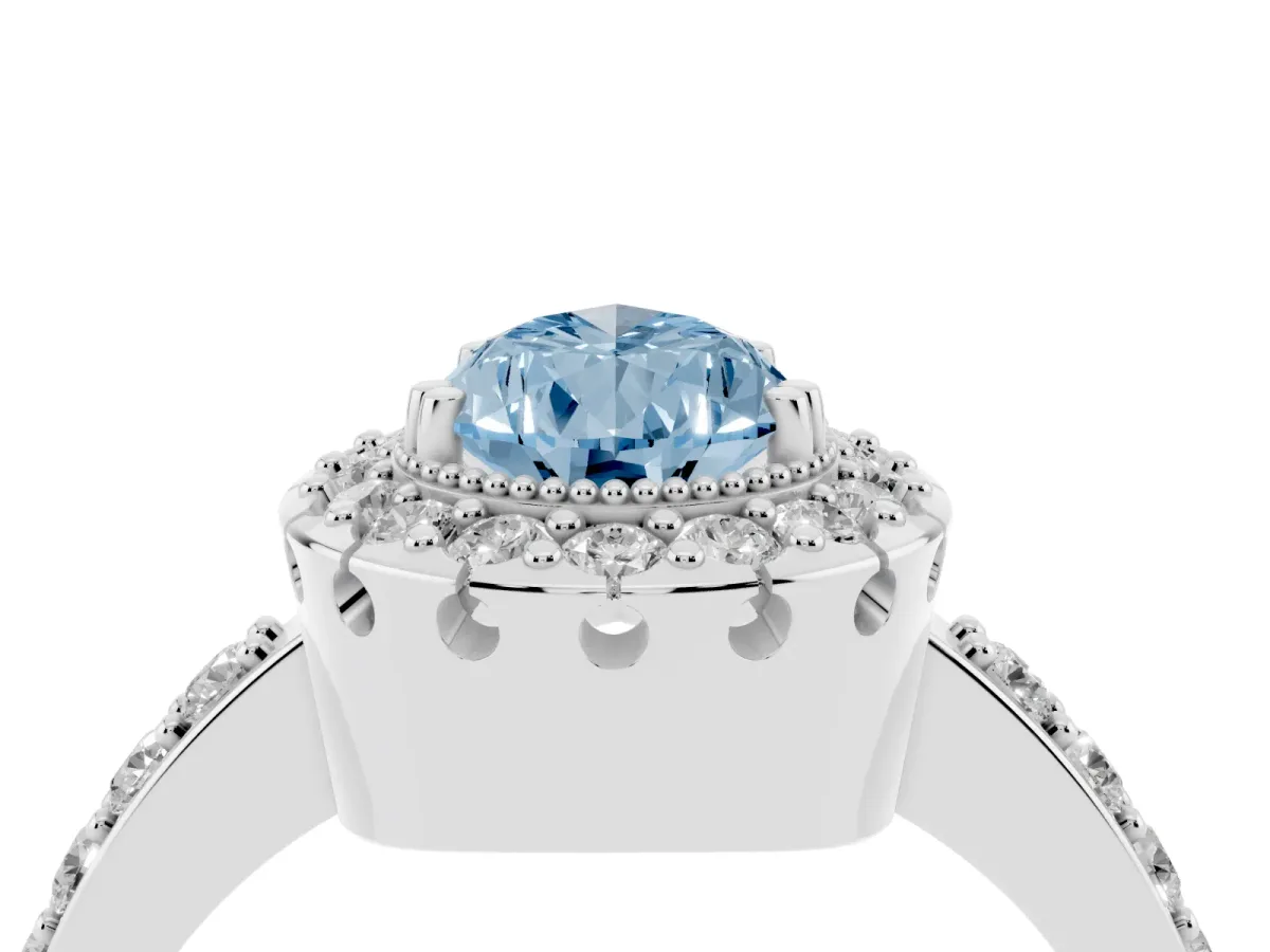 Fancy Blue Pear Cut Diamond Halo Ring with Pavé Band and Prong Setting Platinum