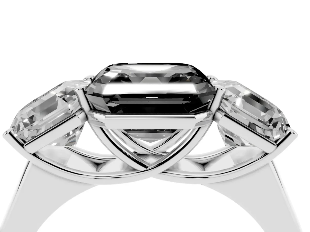 Fancy Black Asscher Cut Three-Stone Diamond Ring with Prong Setting on a Classic Band Platinum