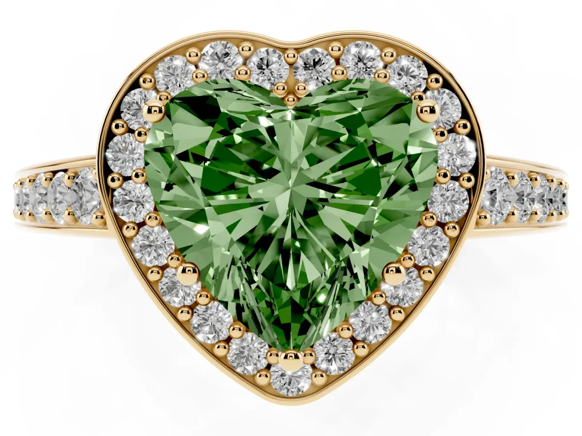 Fancy Green Heart Cut Halo Pavé Diamond Engagement Ring with Bezel Setting Yellow gold