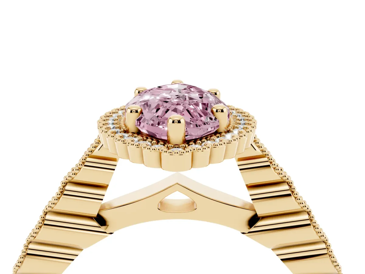 Fancy Pink Marquise Cut Cut Halo Pavé Solitaire Ring with Milgrain Band Yellow gold